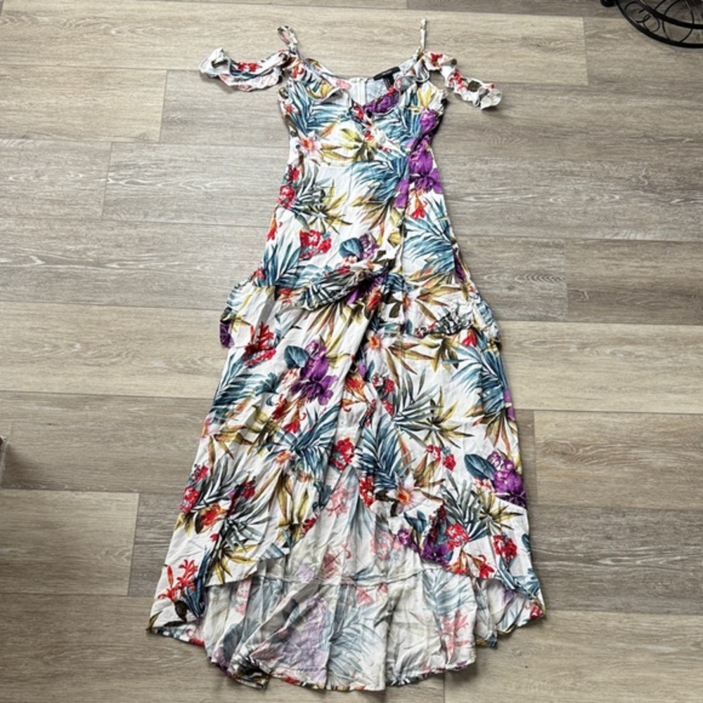 White Tropical Floral Maxi Dress with Purple, Green & Red Accents